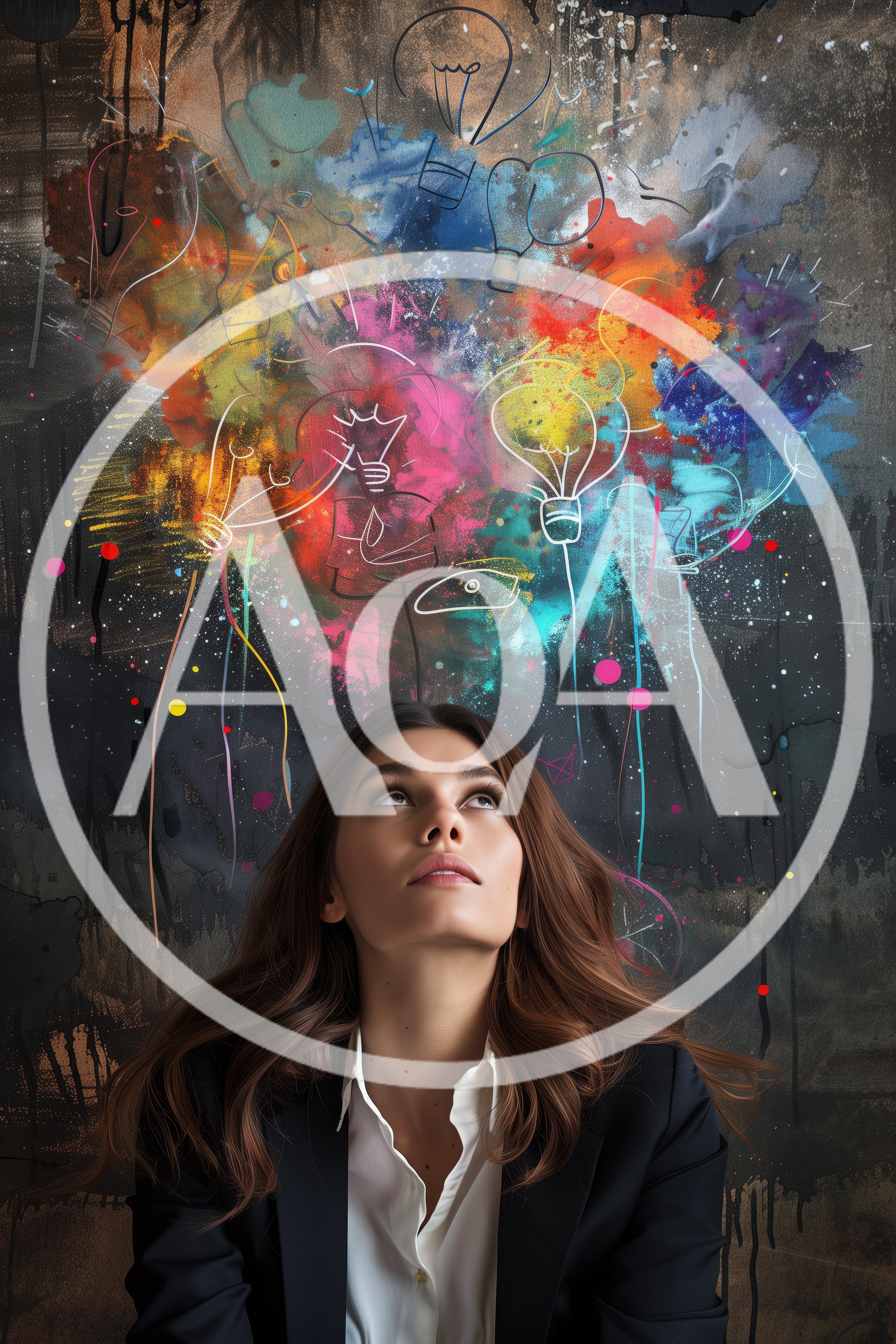 Businesswoman Looking Up at Creative Lightbulb Concept Art