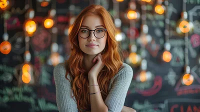 Portrait Of A Young Woman With Red Hair And Glasses