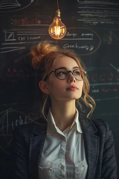 Young Woman Thinking Under A Glowing Light Bulb