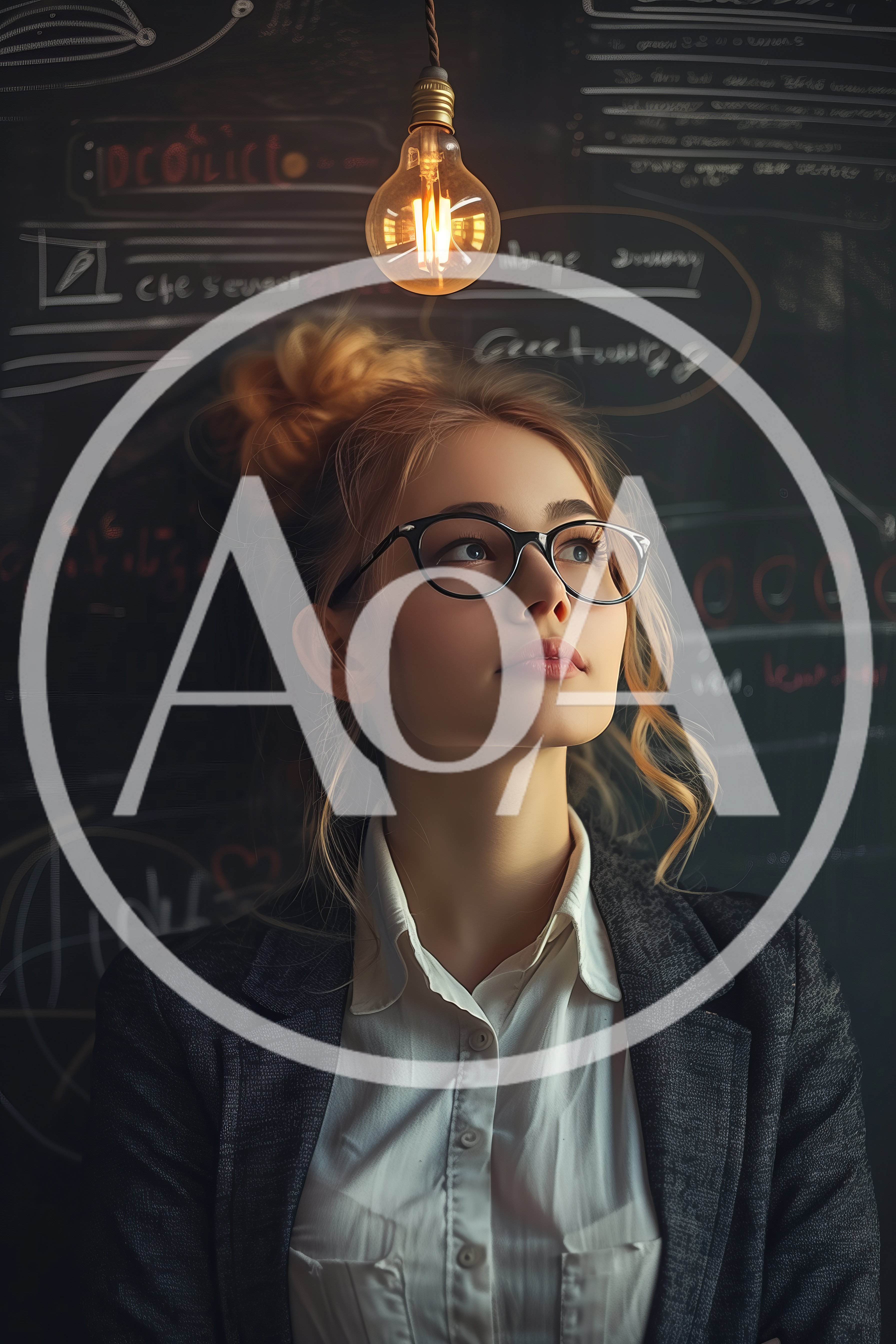 Young Woman Thinking Under A Glowing Light Bulb