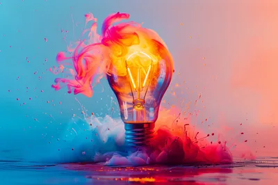 Light Bulb Surrounded By Vibrant Colorful Ink Clouds