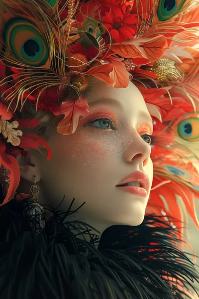 Portrait Of A Woman With Peacock Feather Headdress
