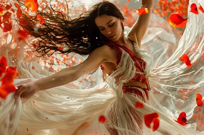 Woman Dancing In Flowing Dress With Red Petals