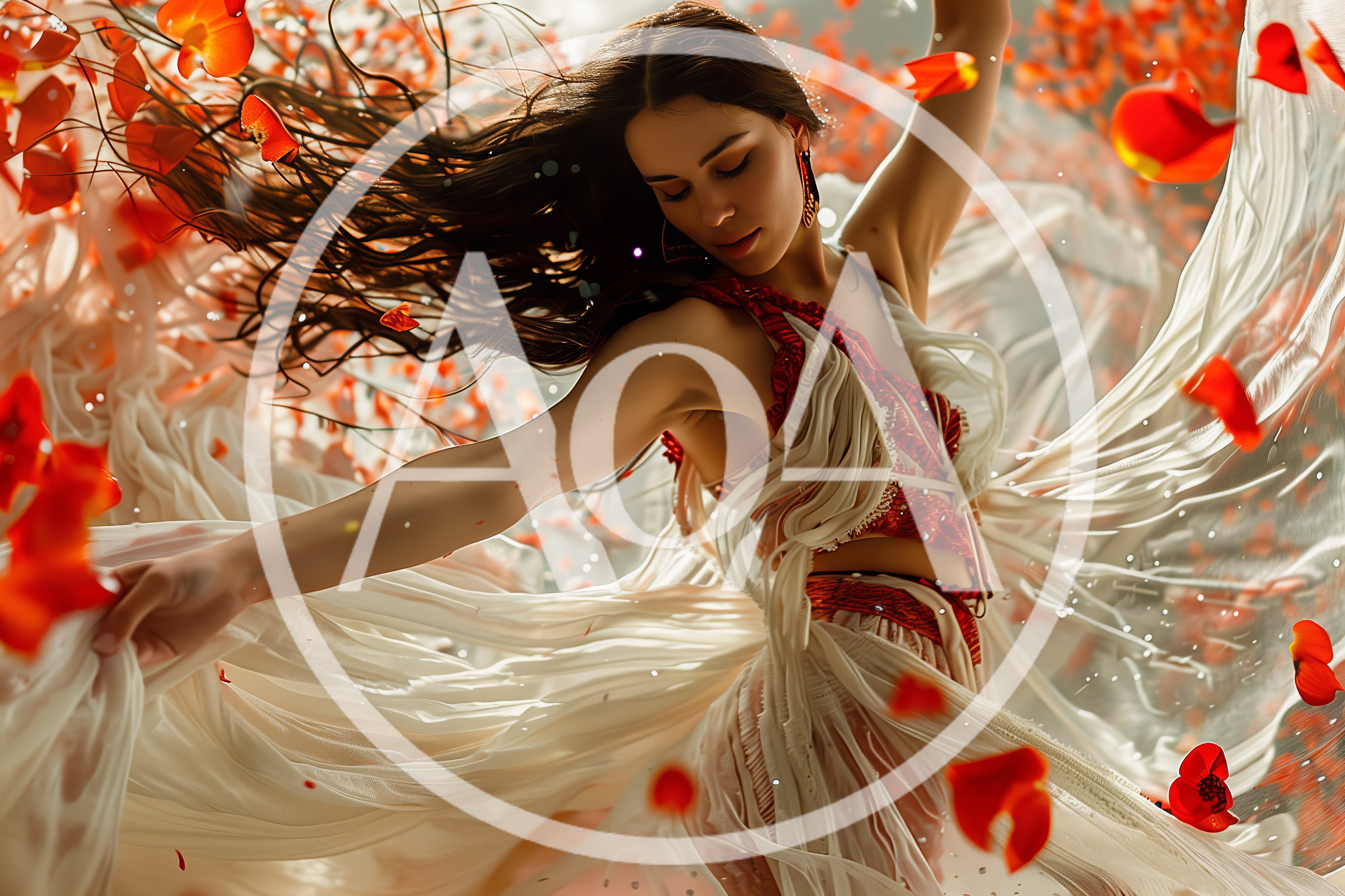 Woman Dancing In Flowing Dress With Red Petals