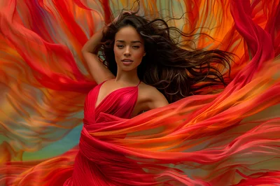 Woman In Flowing Red Dress With Dynamic Fabric