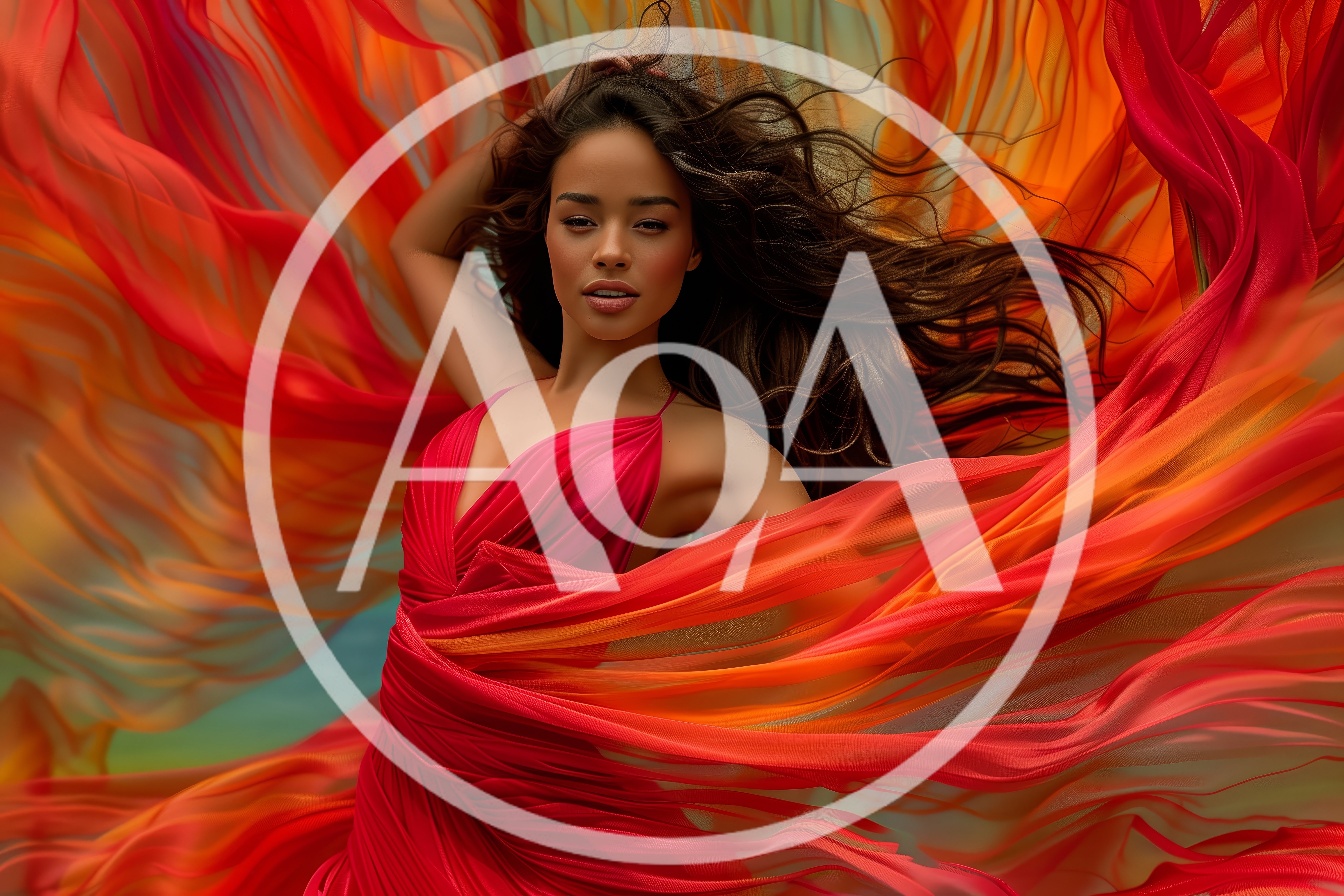 Woman In Flowing Red Dress With Dynamic Fabric