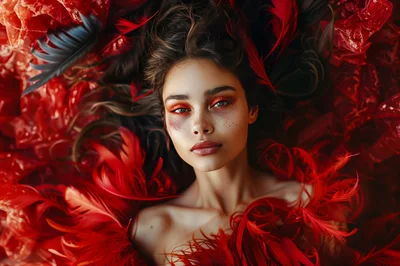Portrait Of A Woman Surrounded By Red Feathers