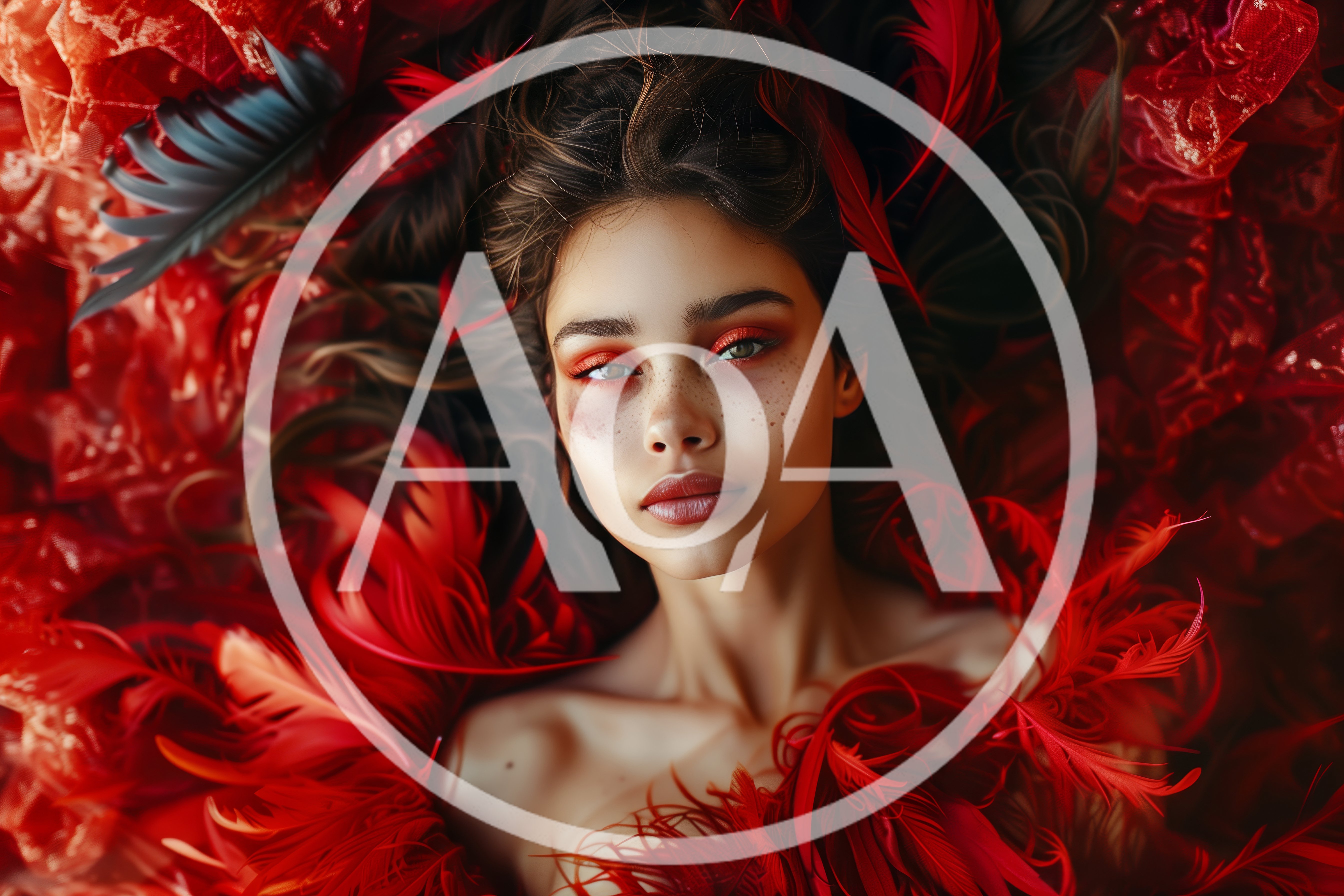 Portrait Of A Woman Surrounded By Red Feathers