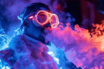Man Wearing Glowing LED Glasses Exhaling Thick Smoke