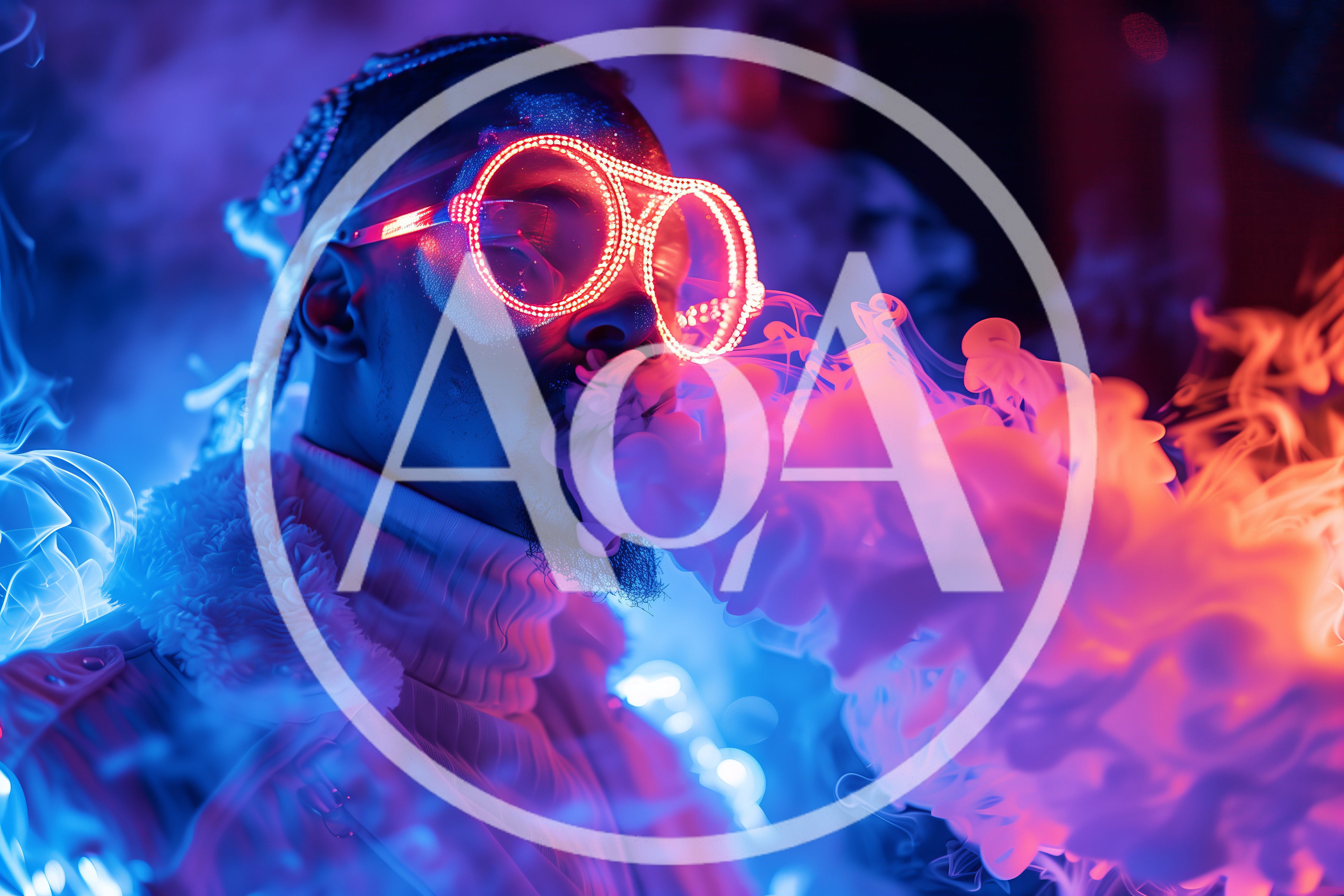 Man Wearing Glowing LED Glasses Exhaling Thick Smoke