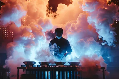 Chef Cooking With Dramatic Smoke In Professional Kitchen