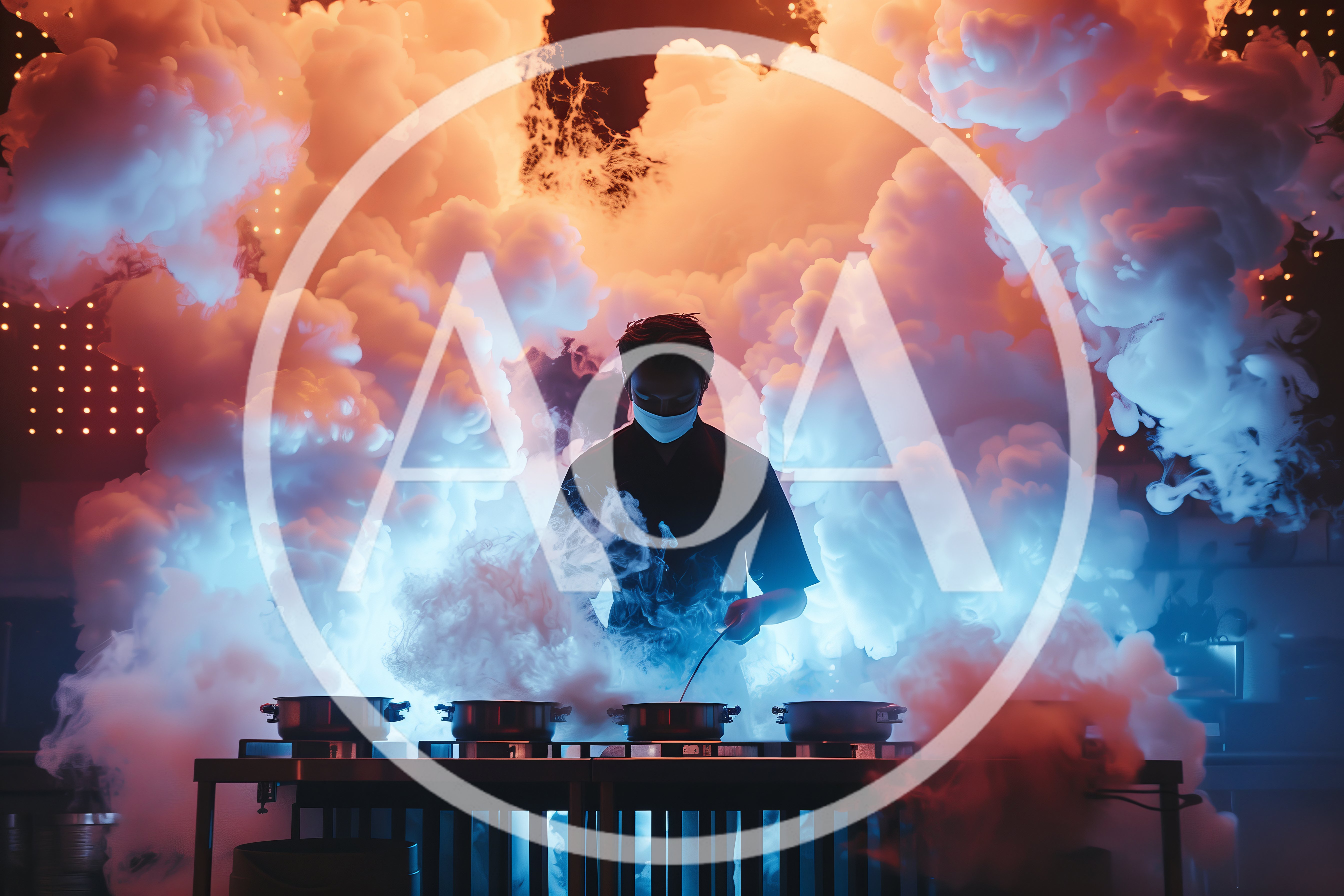 Chef Cooking With Dramatic Smoke In Professional Kitchen