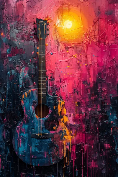 Abstract Painted Acoustic Guitar Against Vibrant Textured Background
