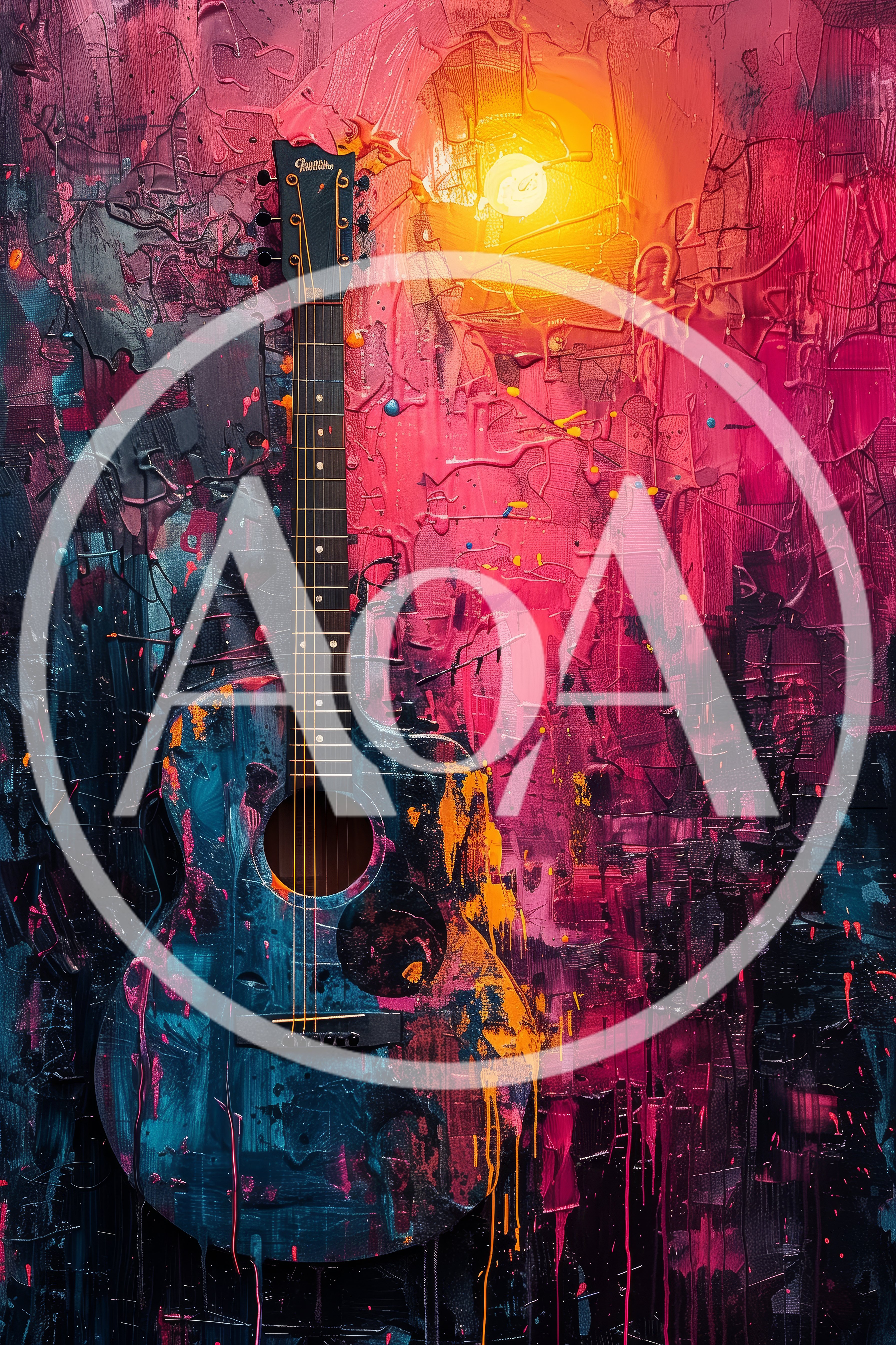 Abstract Painted Acoustic Guitar Against Vibrant Textured Background
