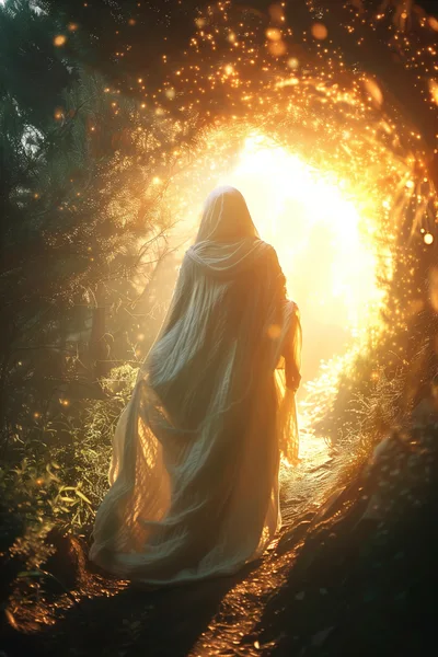 Figure In White Robe Walking Toward Golden Light