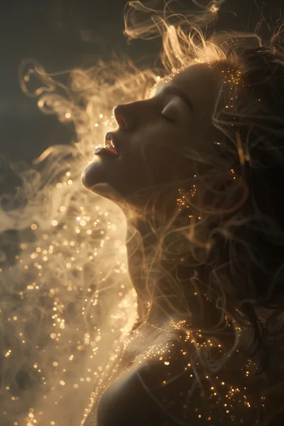 Ethereal Woman Surrounded By Glowing Golden Particles And Smoke