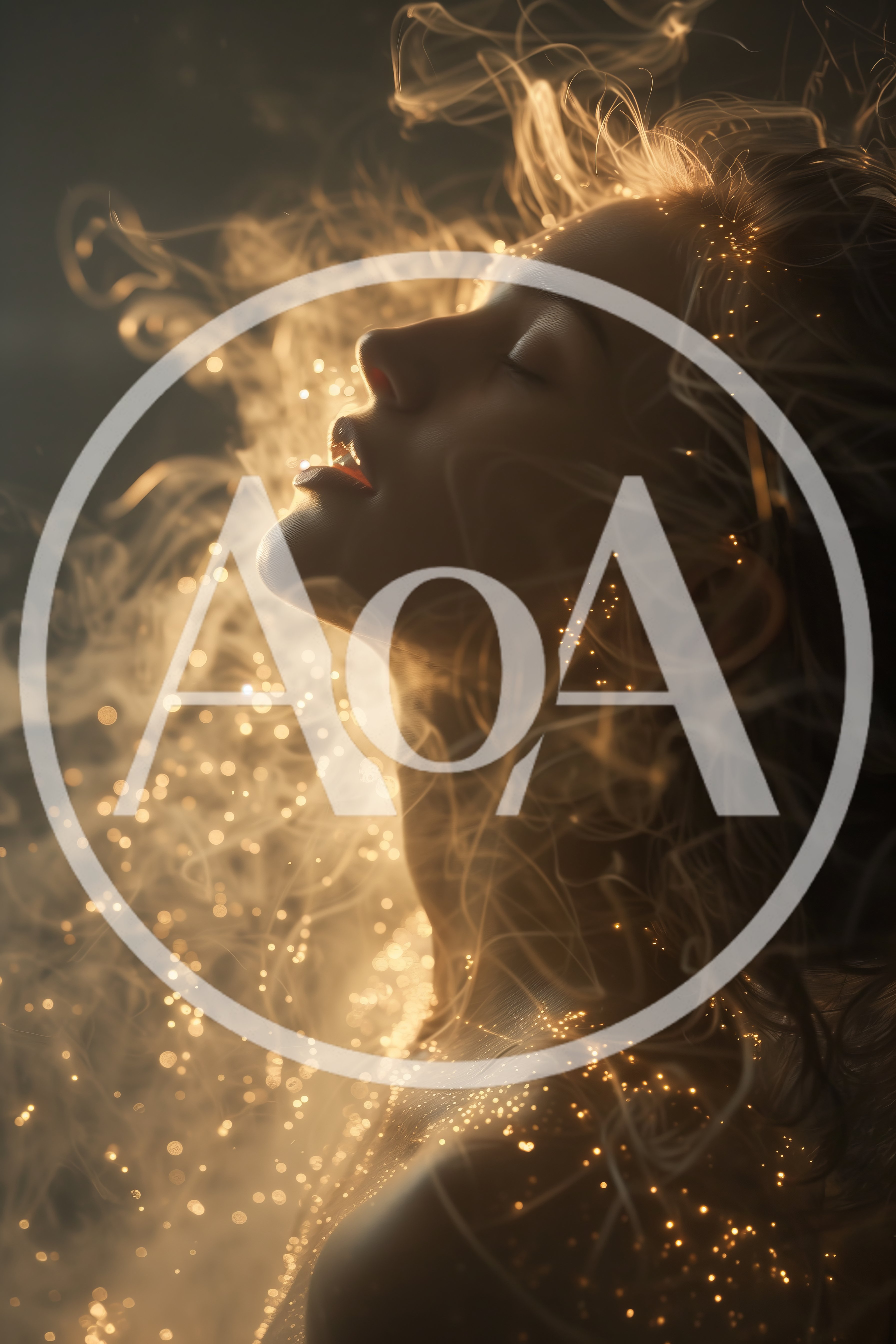 Ethereal Woman Surrounded By Glowing Golden Particles And Smoke