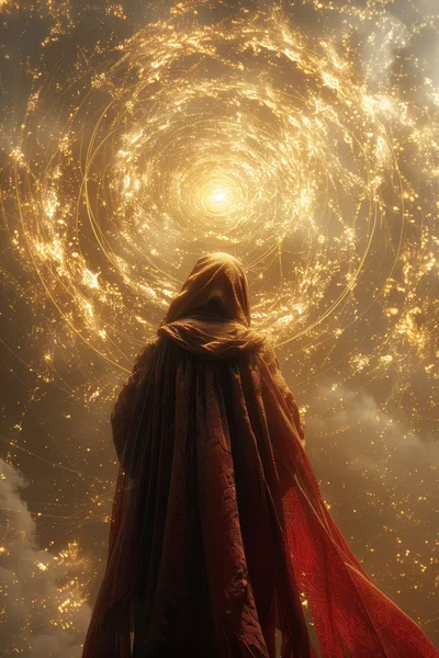 Mystical Figure Standing Before A Glowing Golden Celestial Portal