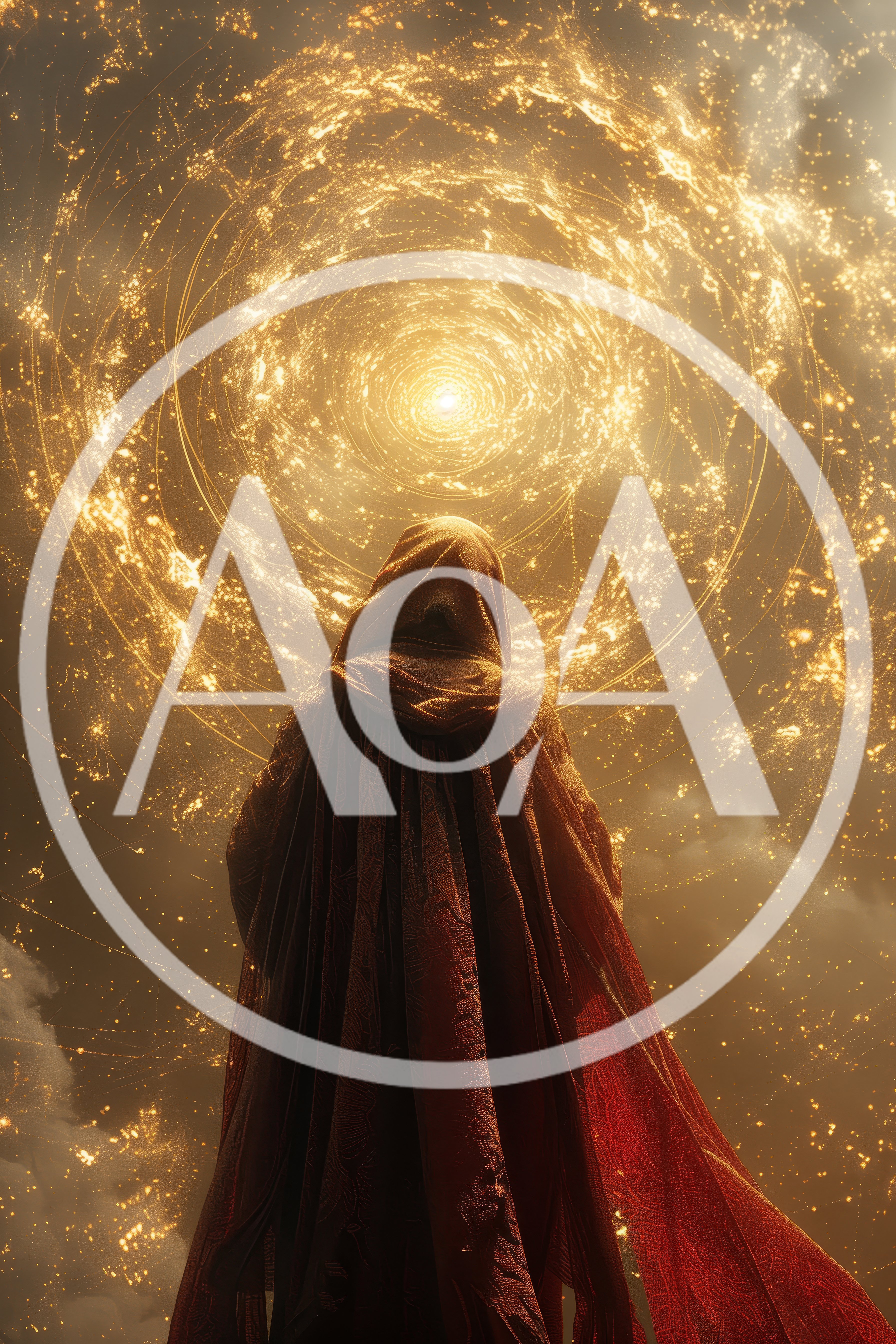 Mystical Figure Standing Before A Glowing Golden Celestial Portal