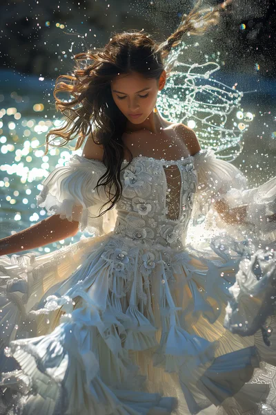 Ethereal Woman In White Dress Amidst Sparkling Water