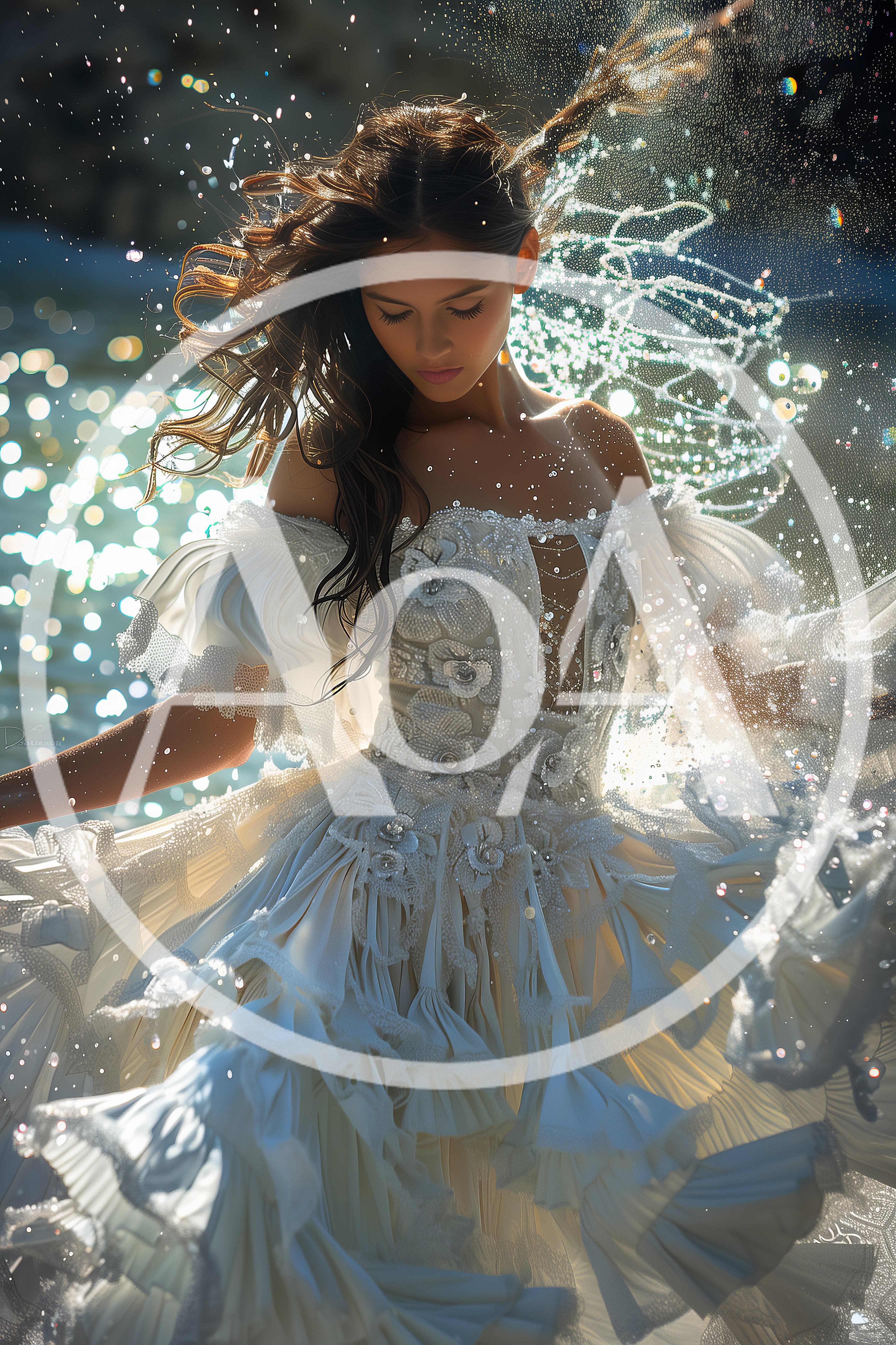 Ethereal Woman In White Dress Amidst Sparkling Water