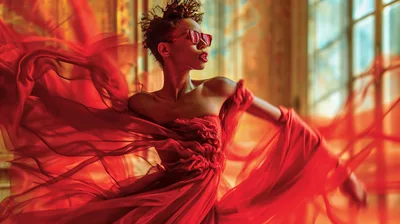 Fashion Model Posing In Flowing Red Dress