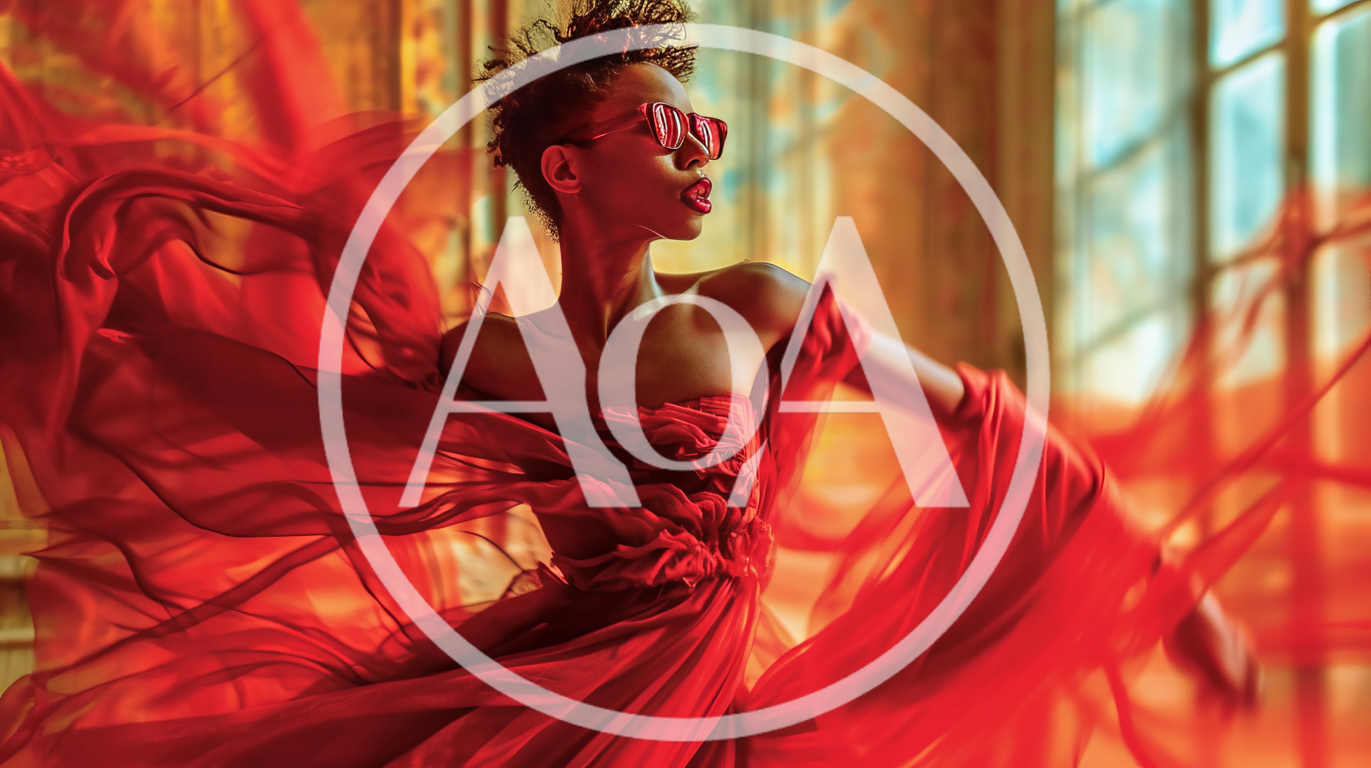Fashion Model Posing In Flowing Red Dress