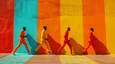 Four Men In Colorful Suits Walking In Profile