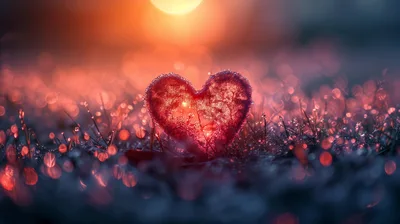 Glowing Red Heart Shape In Dewy Grass