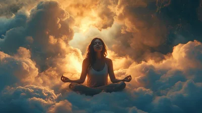 Woman Meditating In Clouds At Sunset