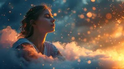 Young Woman Dreaming Amidst Glowing Clouds And Stardust