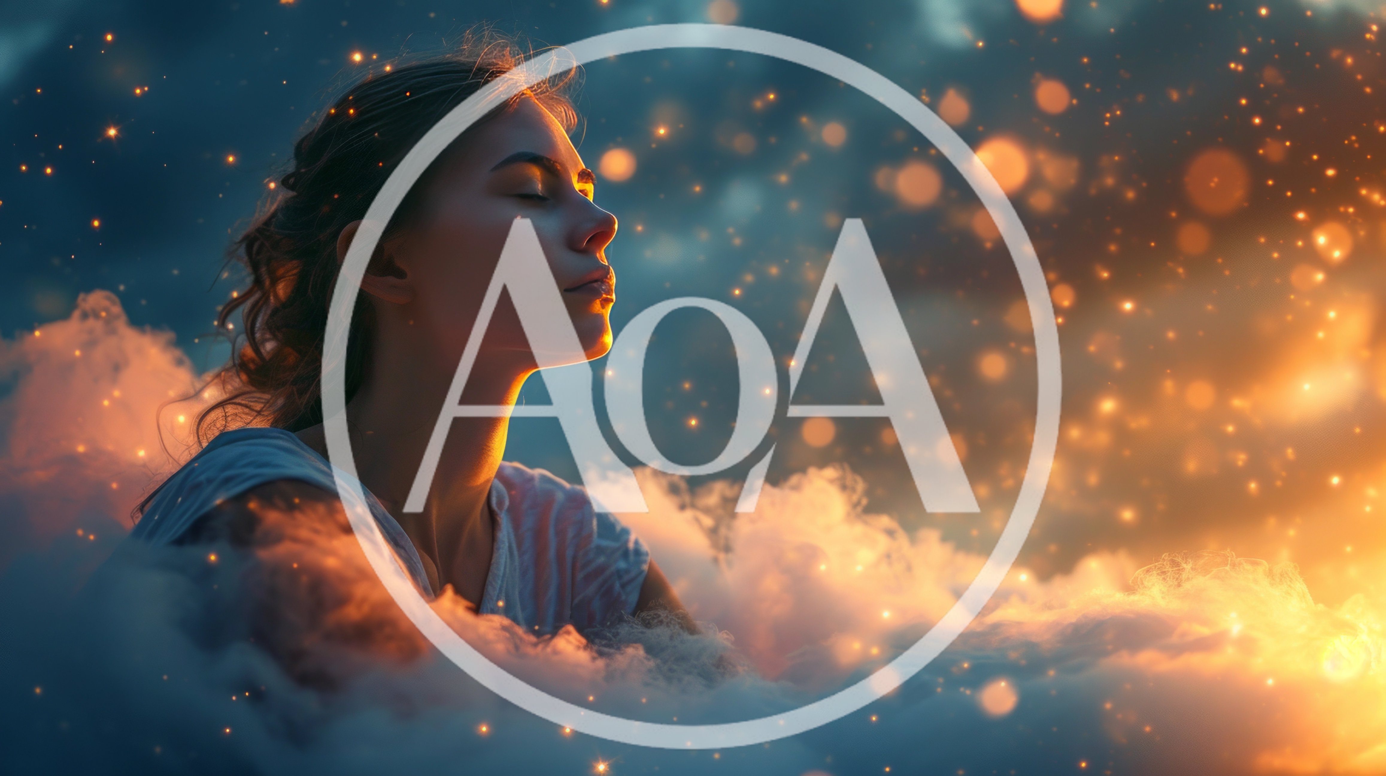 Young Woman Dreaming Amidst Glowing Clouds And Stardust