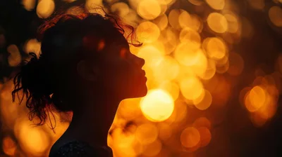 Silhouette Of A Woman Against Golden Bokeh Background