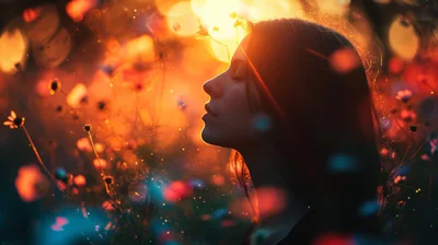 Young Woman Profile Silhouette In Golden Hour Flower Field