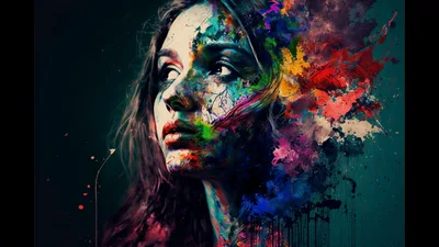 Abstract Portrait Of A Woman With Colorful Paint Splatters