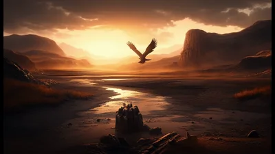 Eagle Flying Over A Desert Landscape At Sunset
