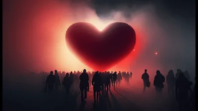 Silhouettes Of People Walking Toward A Glowing Heart