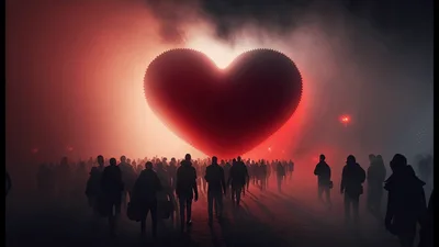 Crowd Walking Toward A Glowing Red Heart Symbol