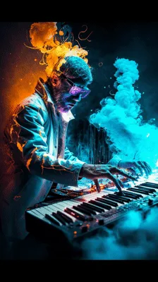 Musician Playing Keyboard With Surreal Smoke Effects