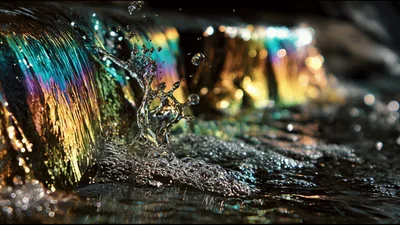 Close Up Of Rainbow Water Flowing Over A Dark Surface