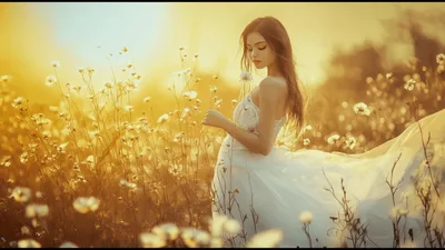 Young Woman In White Dress Walking Through Wildflower Field