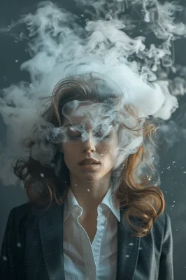 Businesswoman Surrounded By Ethereal Smoke Clouds