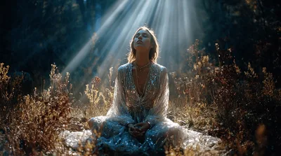 Woman Meditating In A Sunlit Forest Clearing