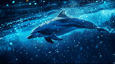 Dolphin Swimming Underwater In Deep Blue Ocean