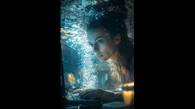 Woman Using Laptop Underwater In Surreal Setting