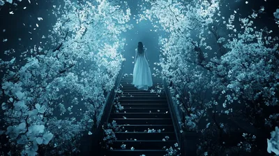 Woman In White Dress Ascending Staircase Through Flowering Trees