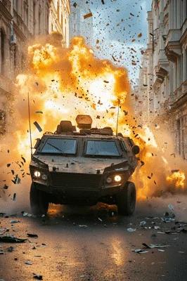 Armored Military Vehicle Driving Through A Massive Explosion