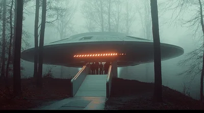 Futuristic Flying Saucer Landing In A Misty Forest