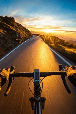 Cyclist Riding Road Bike Toward Sunset