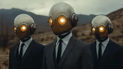 Three Robotic Figures In Suits Standing In Desert
